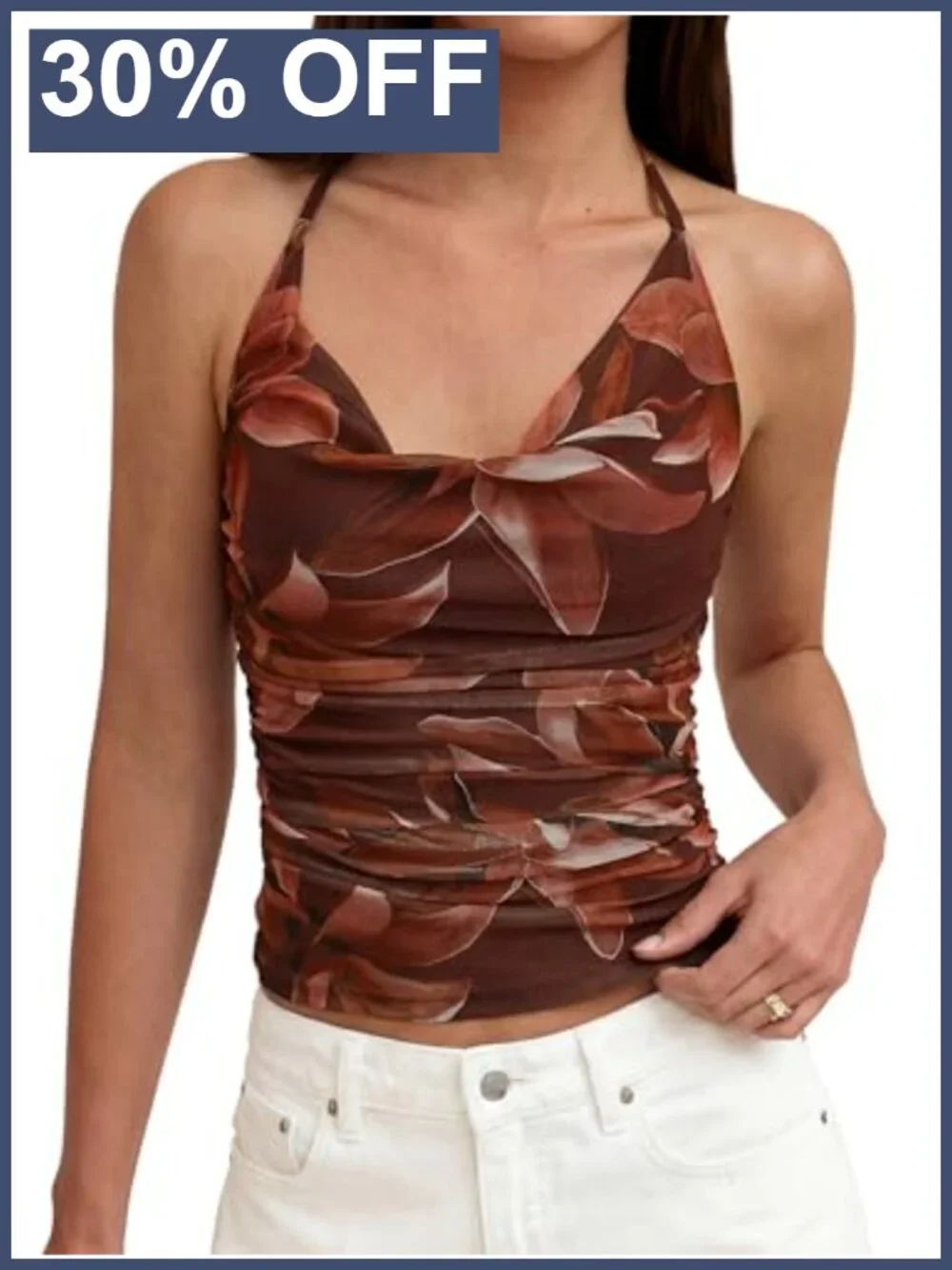 Women's Floral Mesh Halter Top Sleeveless Cowl Neck Backless Y2K Summer